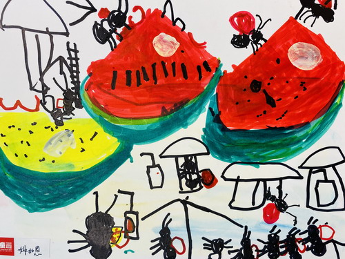 蚂蚁吃西瓜手绘画图片