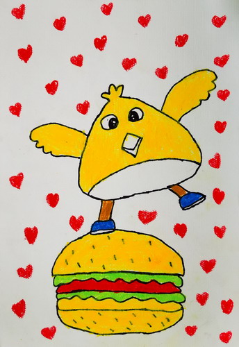 汉堡上的小鸡创意画