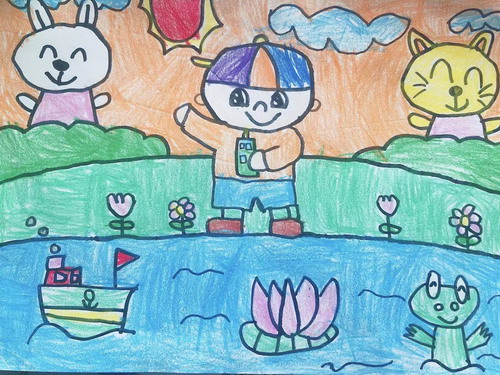 与动物伙伴玩船模儿童画获奖