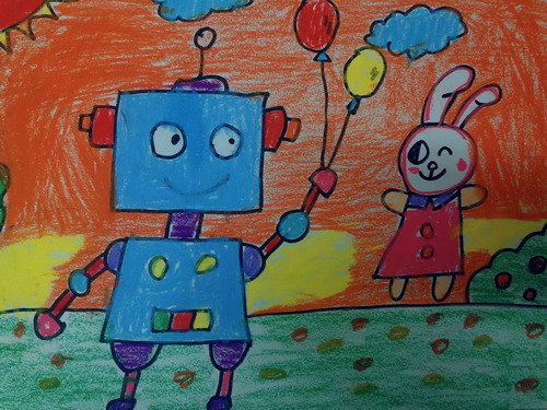 机器人和兔宝手绘画