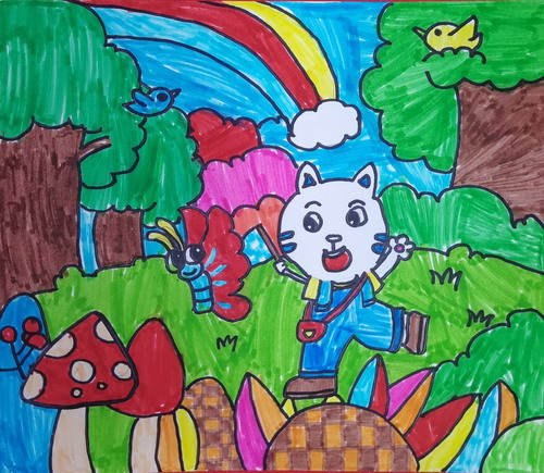 小猫的春游绘画图片