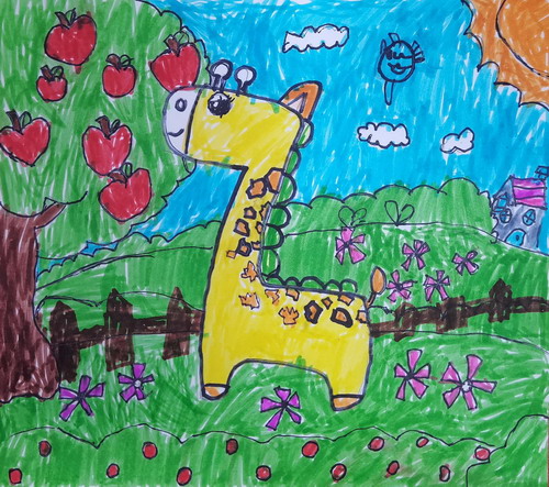 苹果树下长颈鹿儿童画获奖