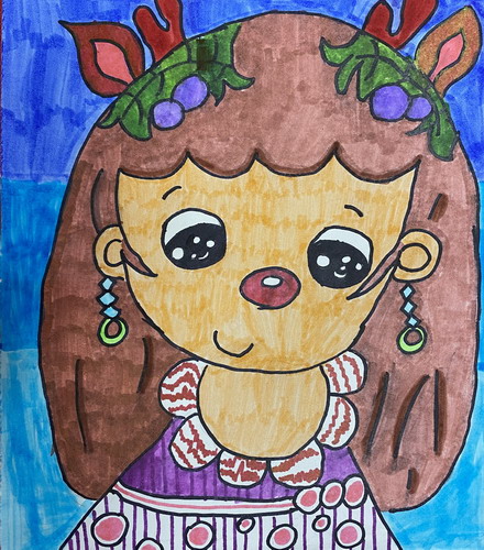 鹿角女孩儿童画创意