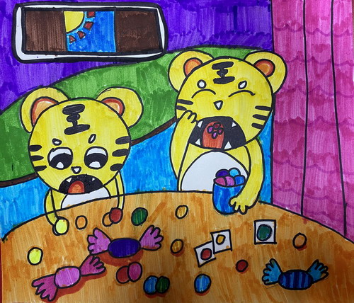 老虎吃糖创意画简单好看