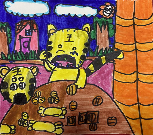 老虎池塘儿童画一等奖