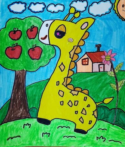 欢乐的长颈鹿绘画作品