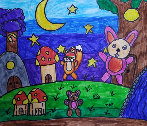 月光下的小动物画简单又漂亮