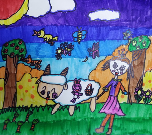 小姑娘和小羊画画简单