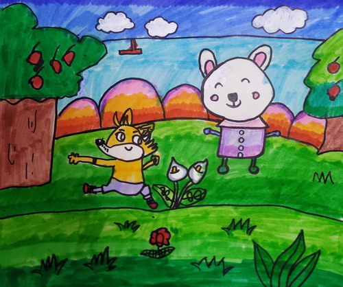 小兔和小牛去郊游画画作品