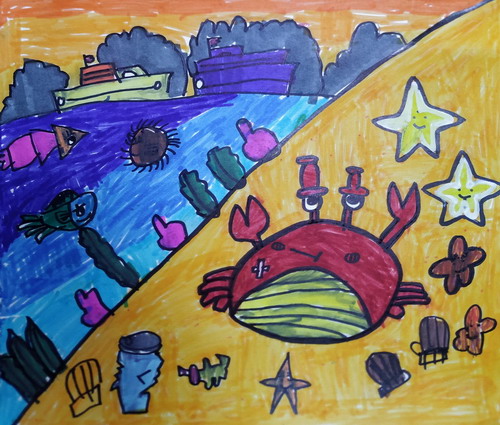 受伤的螃蟹儿童画一等奖