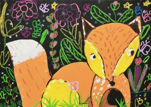 花丛中的狐狸绘画图片