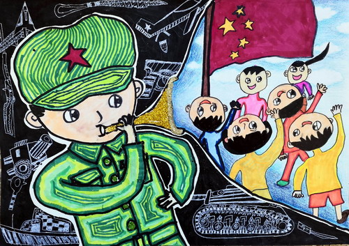 胜利的号角儿童绘画