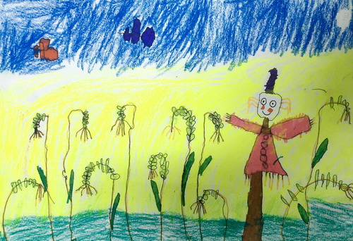 麦田里的稻草人儿童绘画简单