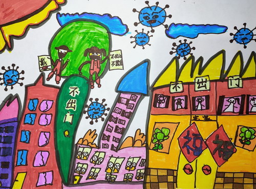 不出门，不聚会，戴好口罩。儿童画创意