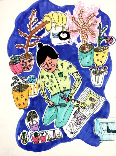 爱植物的小女孩画简单又漂亮