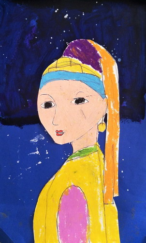 戴珍珠耳环的少女画画作品