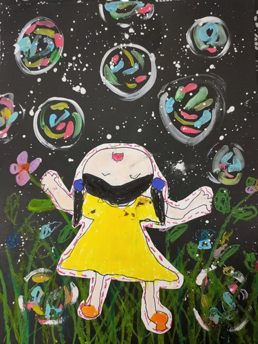 吹泡泡的女孩绘画作品