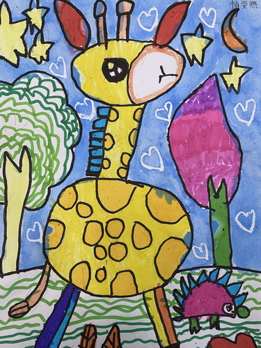 爱吃树叶的长颈鹿儿童绘画