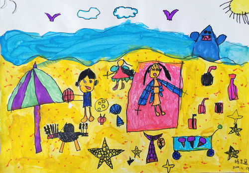 阳光沙滩海浪手绘插画