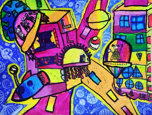 太空中的飞行屋四年级绘画