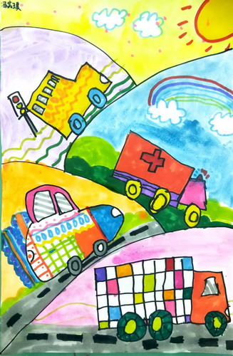 行驶在路上的小汽车四年级绘画