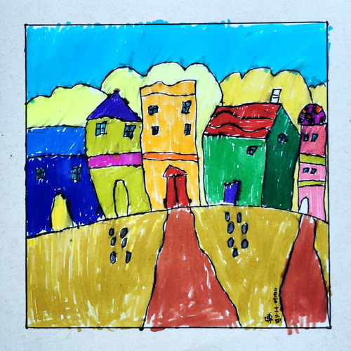 美丽的小镇一年级绘画