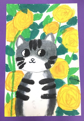花丛中的小猫儿童画获奖