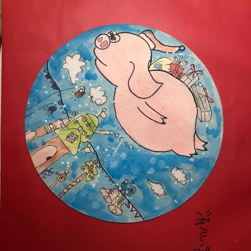 飞天猪小学生绘画