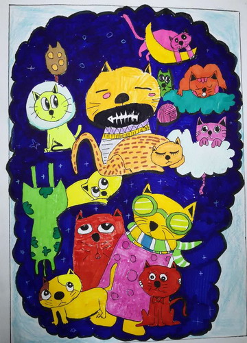 猫咪家族绘画图片