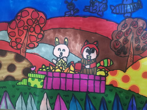 爱花的小兔子和小狐狸儿童绘画