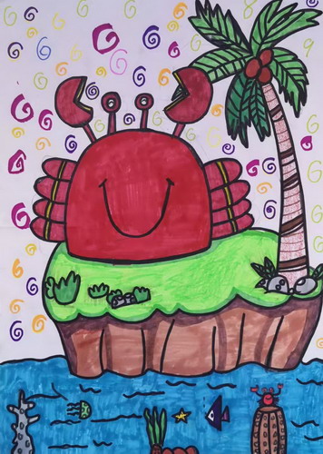 小岛上的螃蟹手绘画图片