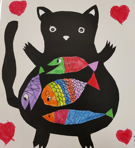 小猫吃鱼三年级儿童画