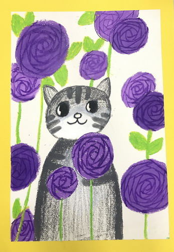 花丛中的小猫画简单又漂亮