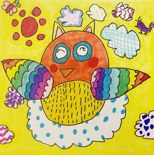 飞上云朵的猫头鹰手绘画