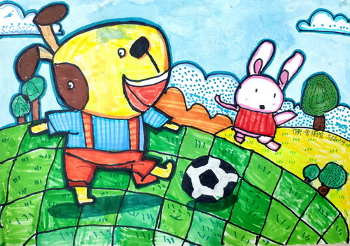 小狗踢球创意画简单好看