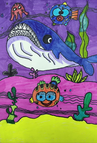 卡通小鱼小学生绘画