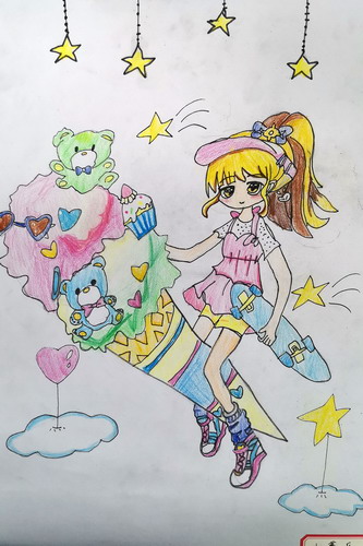 滑板女孩儿童画一等奖