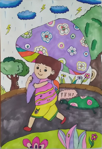放学路上下雨了儿童画图片