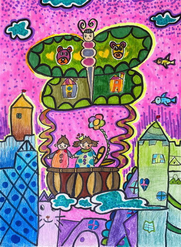 热气球梦幻之旅儿童画