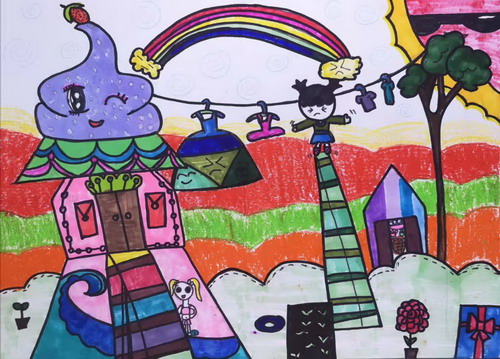 晒衣服儿童绘画