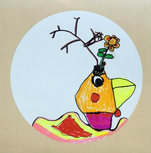 可爱的斗鸡花瓶儿童绘画
