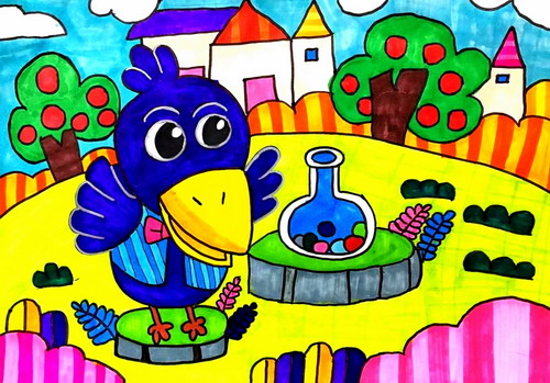 乌鸦喝水手绘画图片