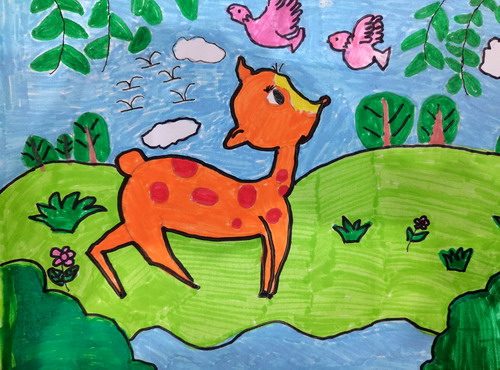 散步的梅花鹿儿童插画