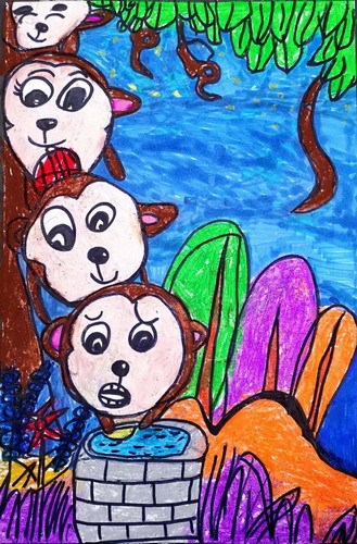 猴子捞月亮幼儿园绘画