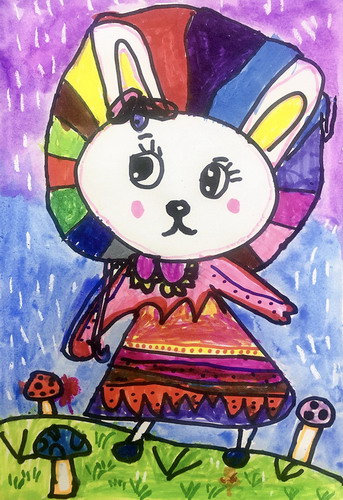 打伞的小白兔儿童绘画简单