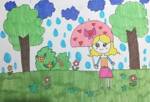 雨中的小女孩儿童插画