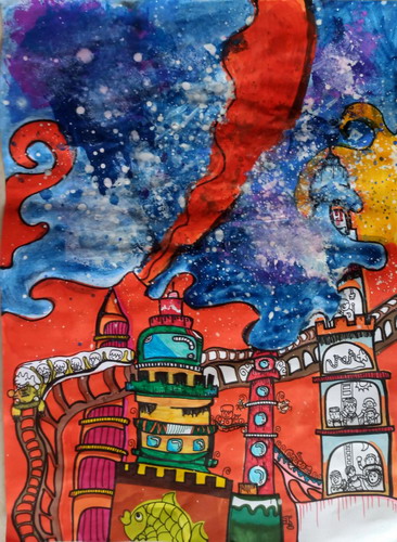 星空下的城市小学生绘画