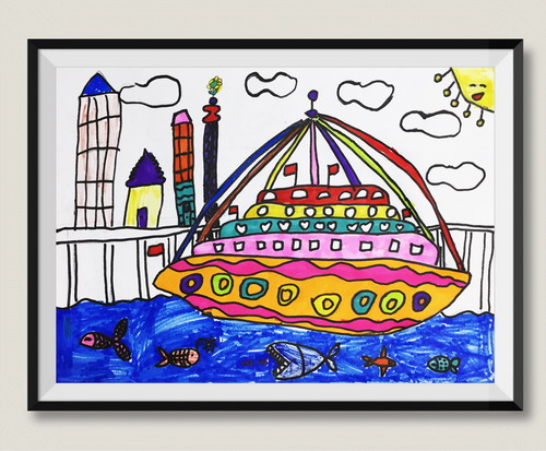 邮轮与风景画画图片