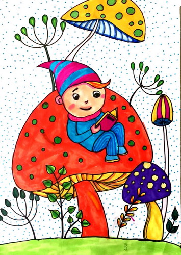 看书的男孩儿童绘画获奖