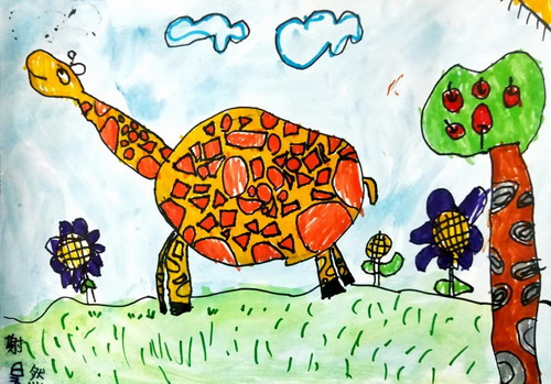 树林中的长颈鹿儿童绘画